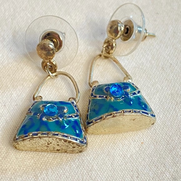 Handbag Earrings Blue Enamel Over Silver Tone Metal With Central Blue Stone - Picture 2 of 10